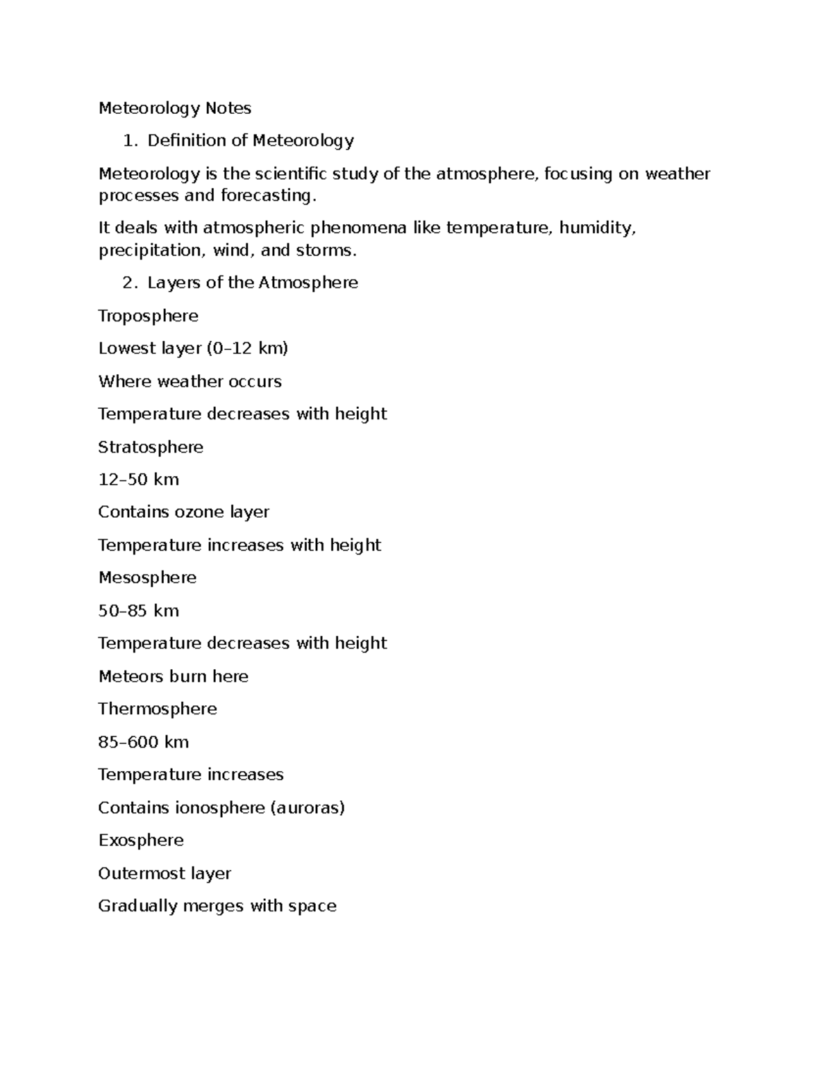 Meteorology - N/A - Meteorology Notes 1. Definition of Meteorology ...