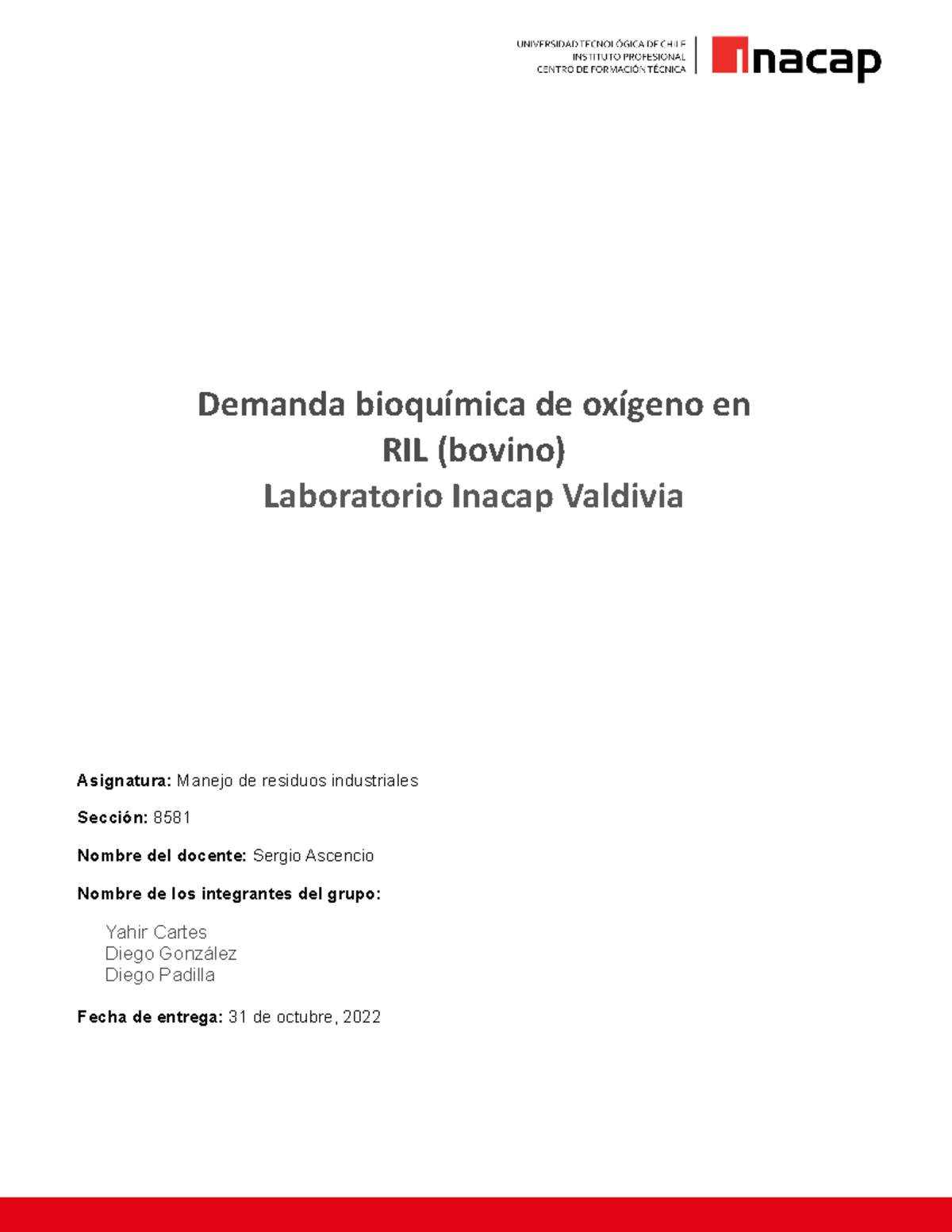 Informe DBO5 sobre Demanda Bioquímica de Oxígeno en RIL - 8581 - Studocu