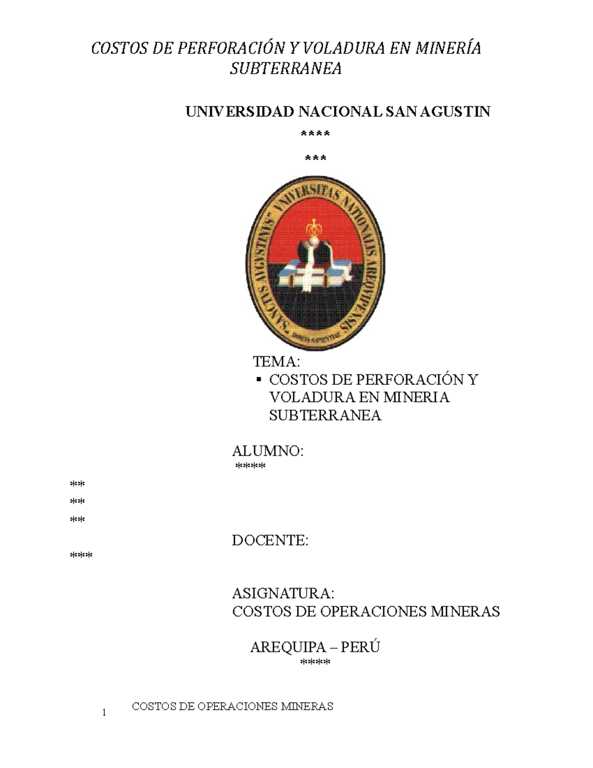 Costos de Perforación y Voladura en Minería Subterránea - C. Operaciones - Document Preview