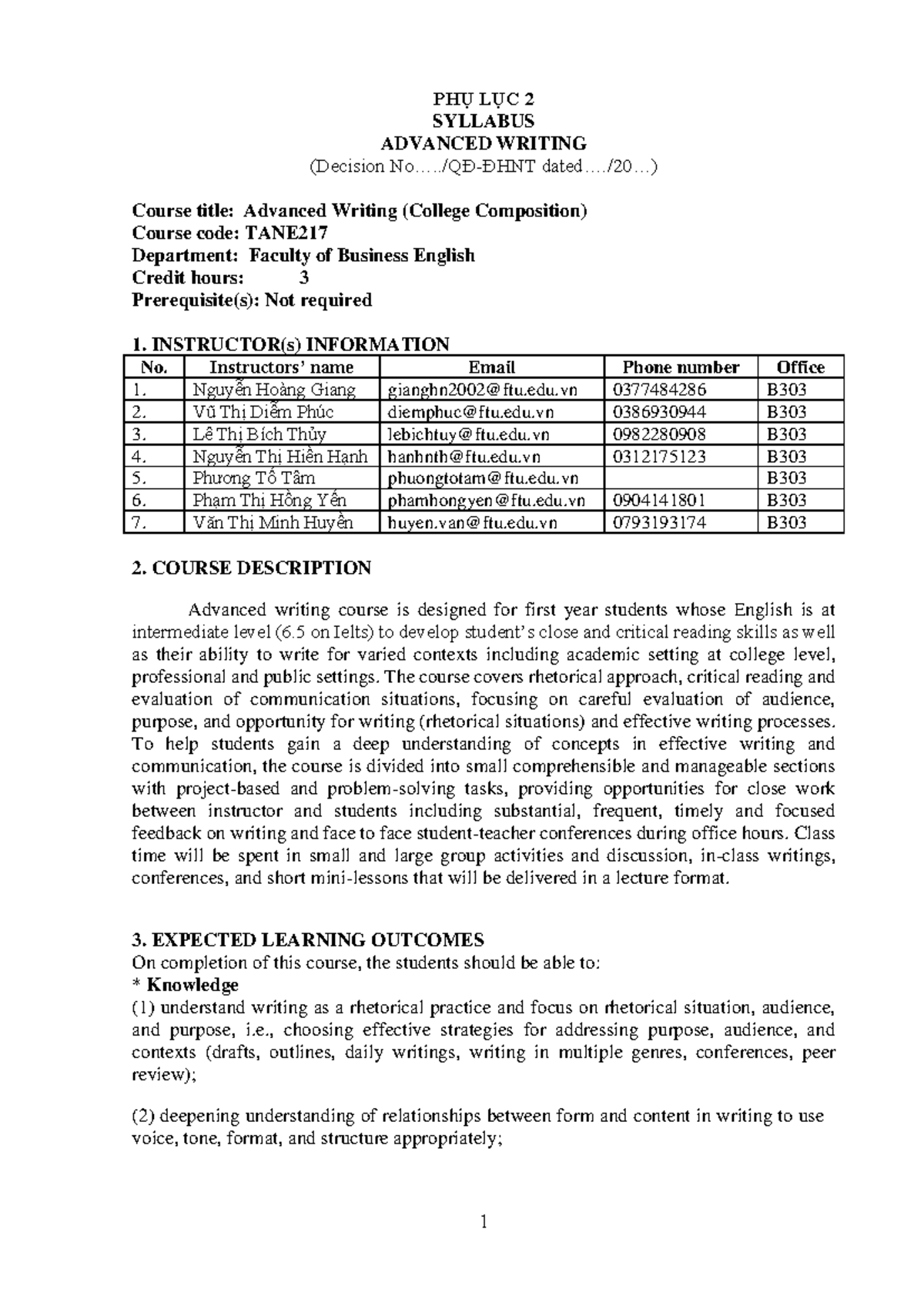 TANE217 Syllabus: Advanced Writing Course Overview and Expectations ...