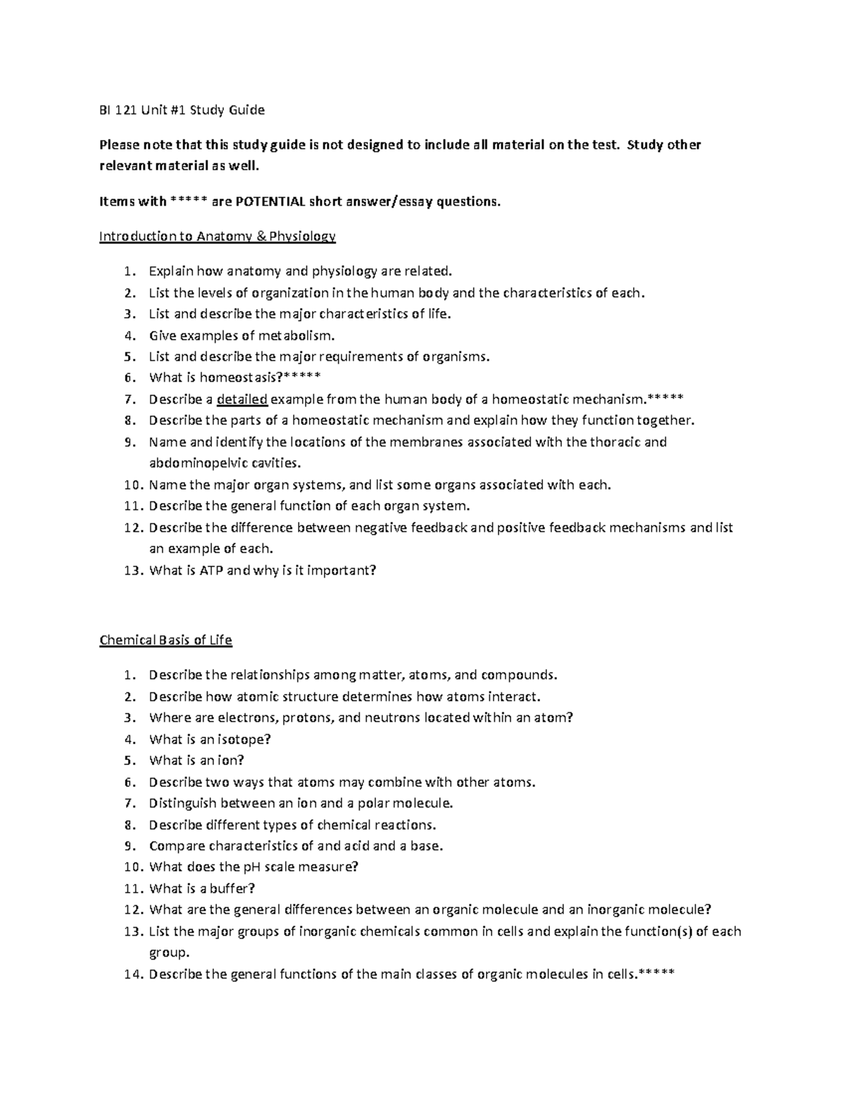 BI 121 Unit #1 Anatomy & Physiology Study Guide - Studocu