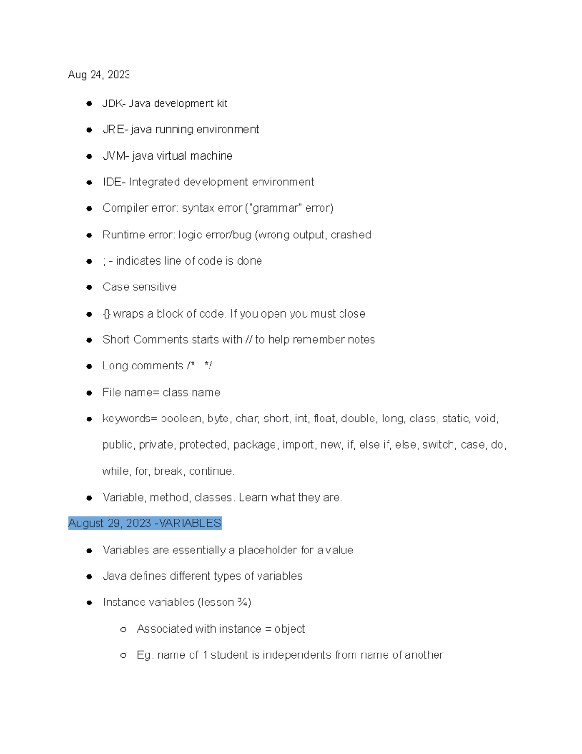 CS46A - General notes, will save you a lot of time - Aug 24, 2023 JDK ...