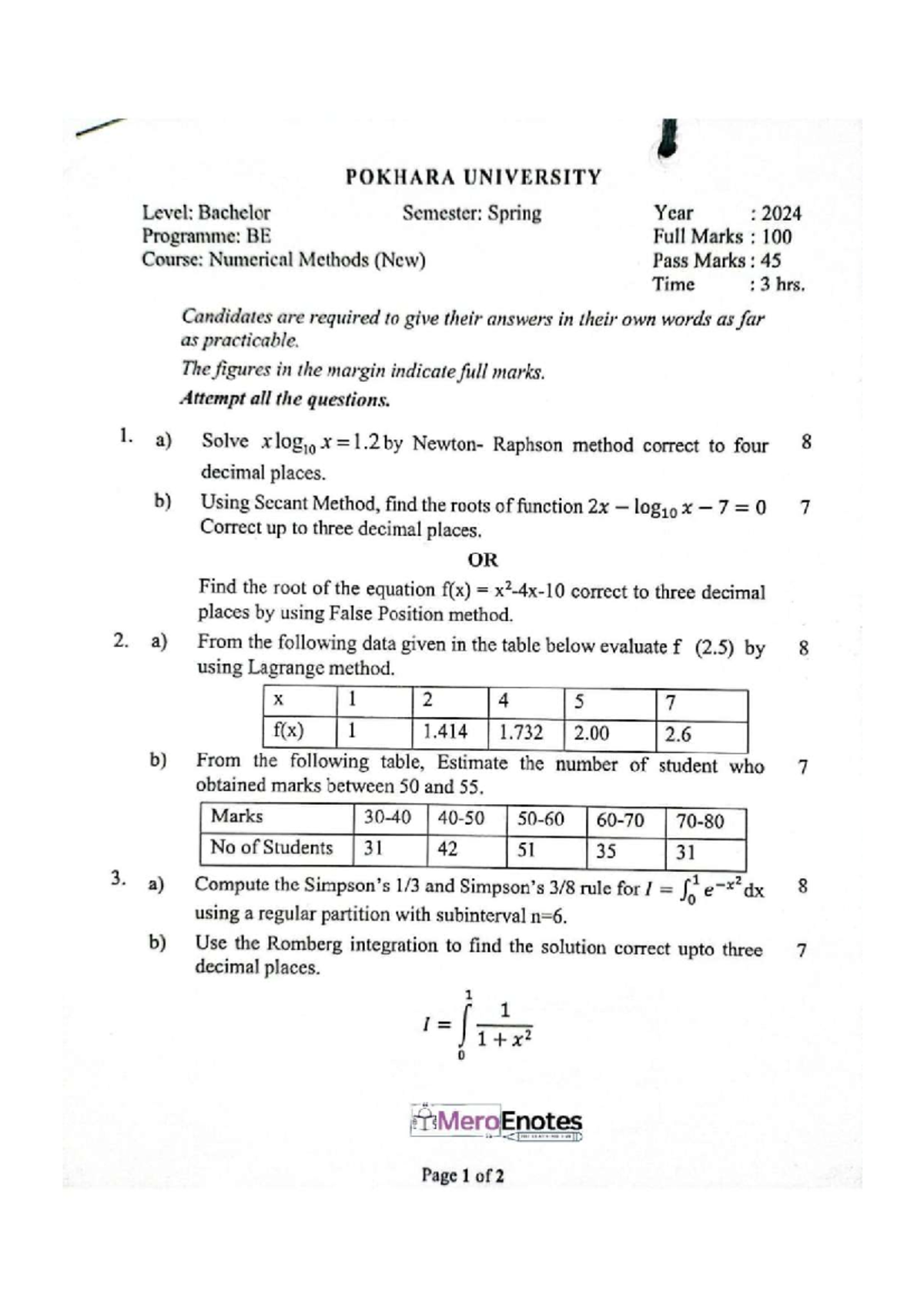 Numerical Methods (BE) Past Year Questions - Spring 2024 - Studocu