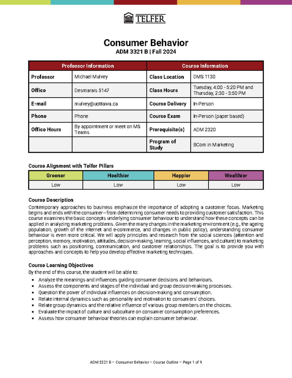ADM 3321 B - Fall 2024 - Consumer Behavior Course Syllabus - Studocu