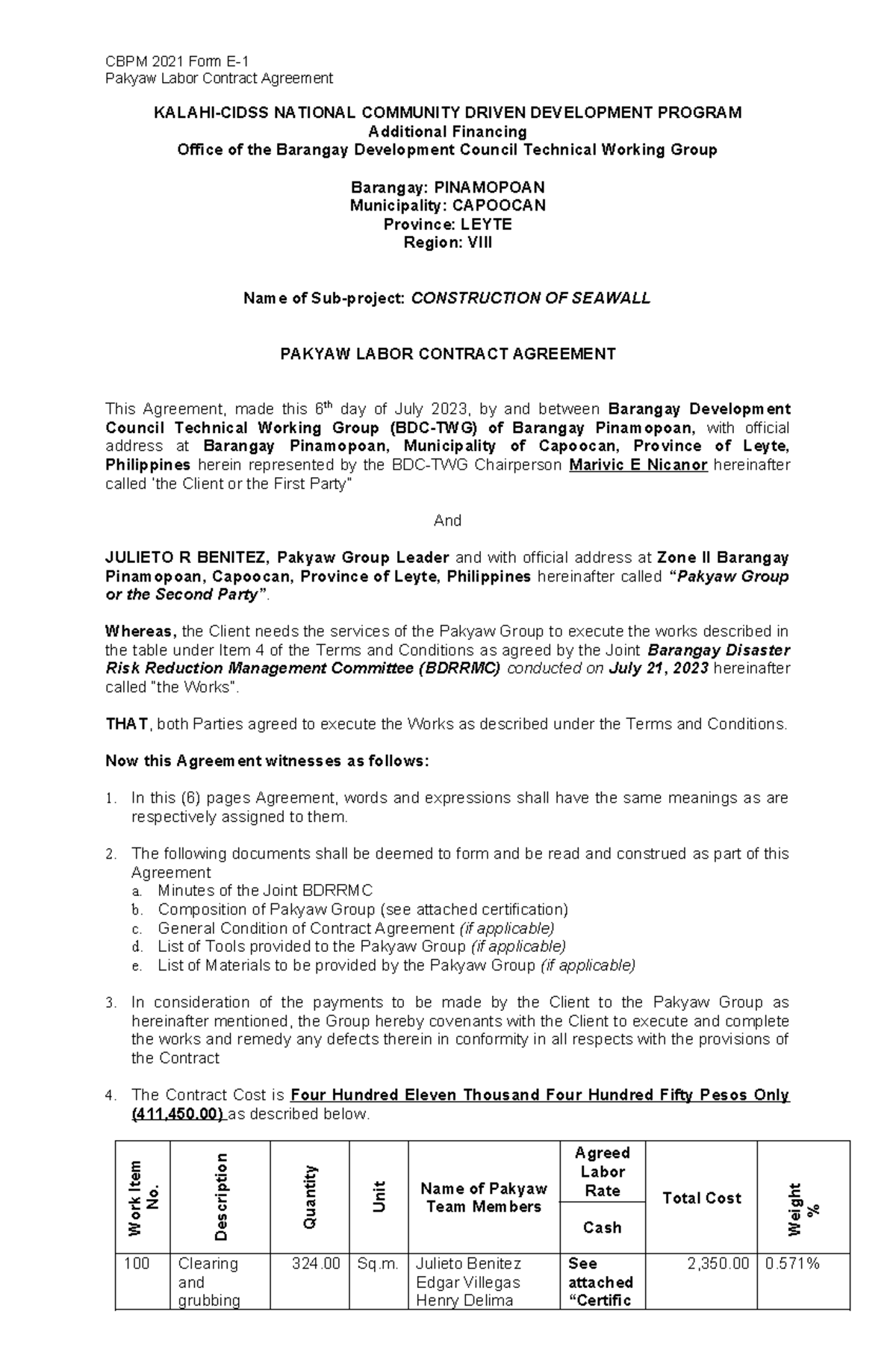 Pakyaw Labor Contract Agreement for Seawall Construction in Pinamopoan ...