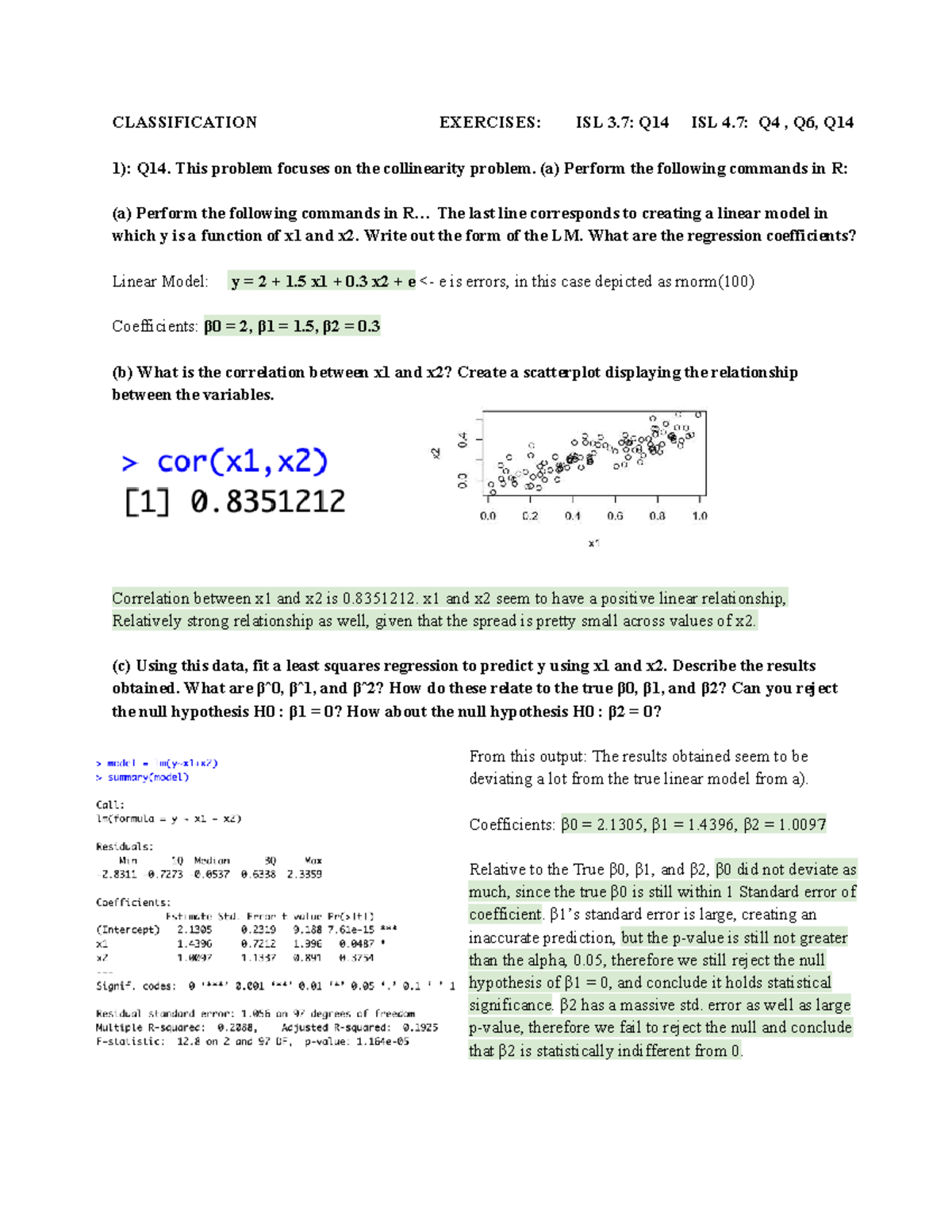 Classification Exercises: ISL 3.7 & 4.7 Analysis and Results - Studocu