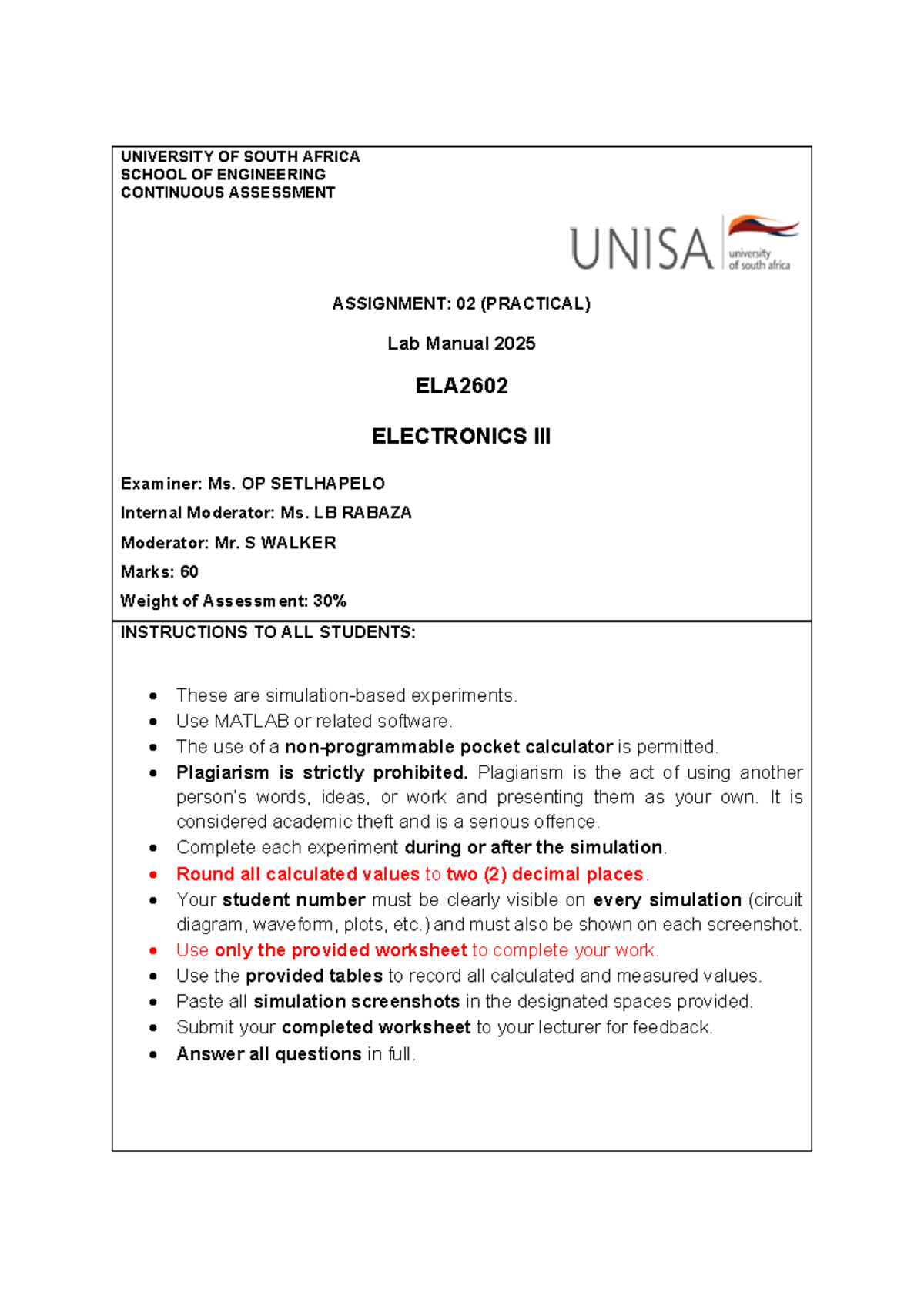 ELA2602 Lab Manual 2025: Practical Experiments in Electronics - Studocu