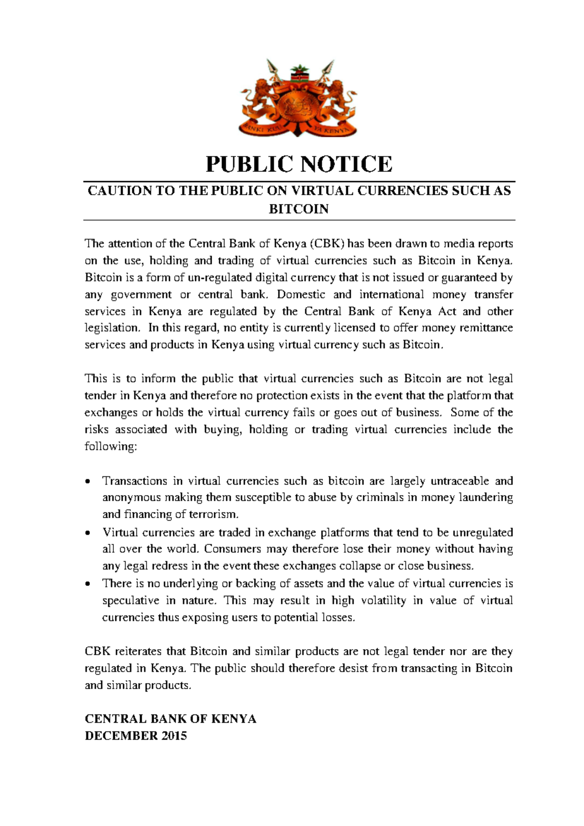 Public Notice: Risks & Legal Status of Bitcoin in Kenya - Studocu