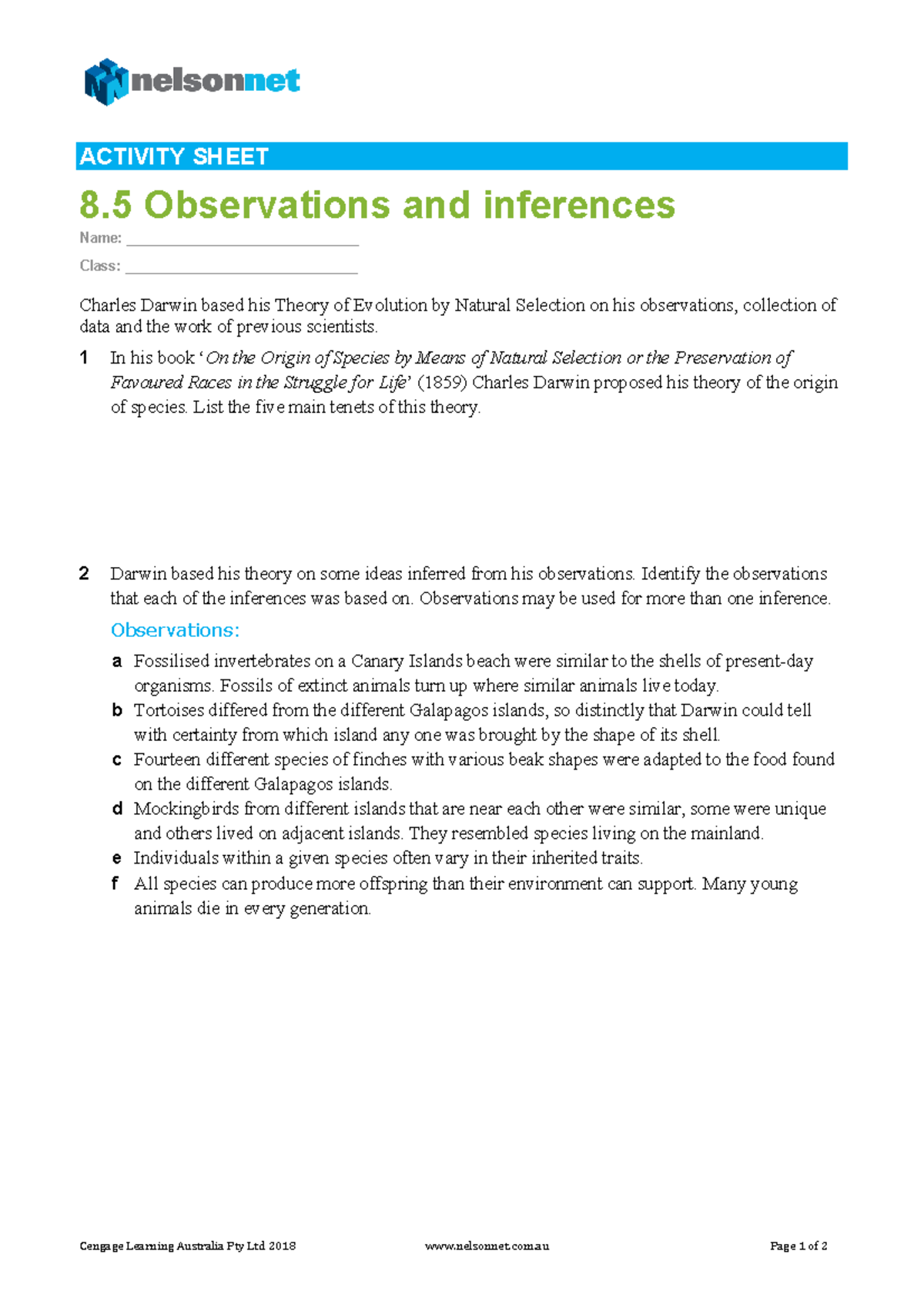 Evolution Theory by Darwin: Observations & Inferences (BIO 101) - Studocu