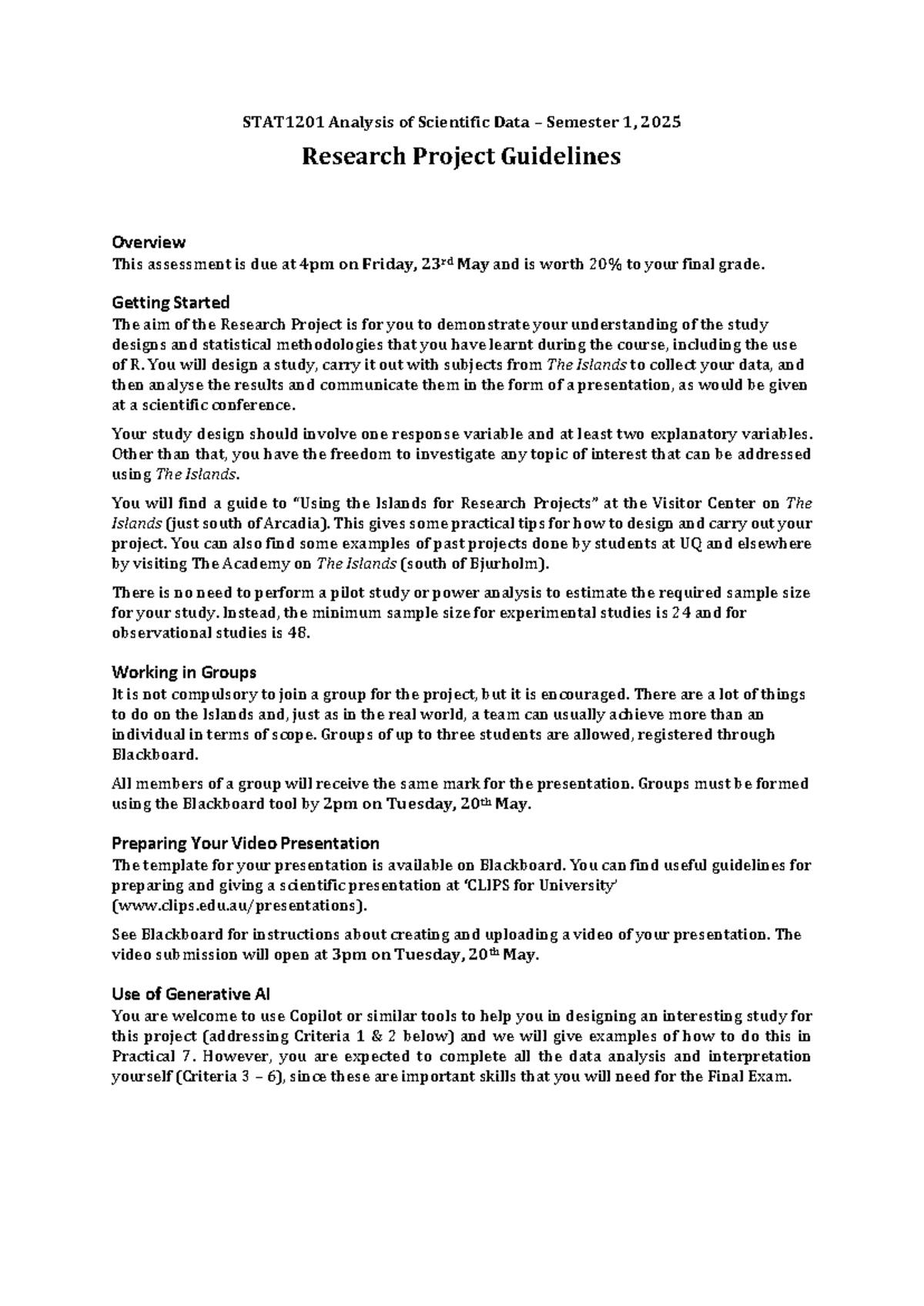 STAT1201 Research Project Guidelines Overview for Semester 1, 2025 ...