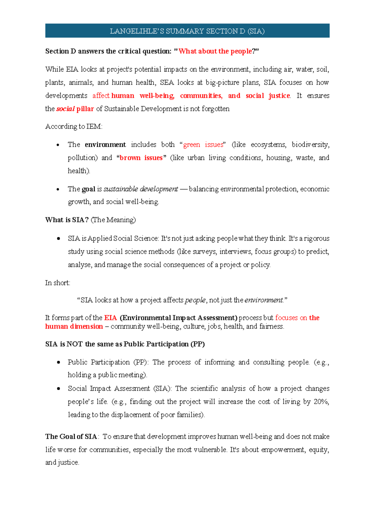 SIA - Summary of Section D for Exam Preparation - Studocu