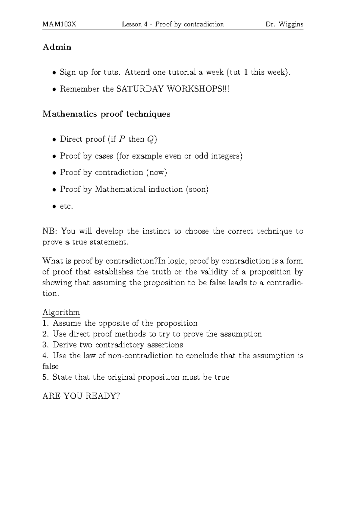 Lesson 04 - Proof by contradiction - MAM103X Lesson 4 - Proof by ...