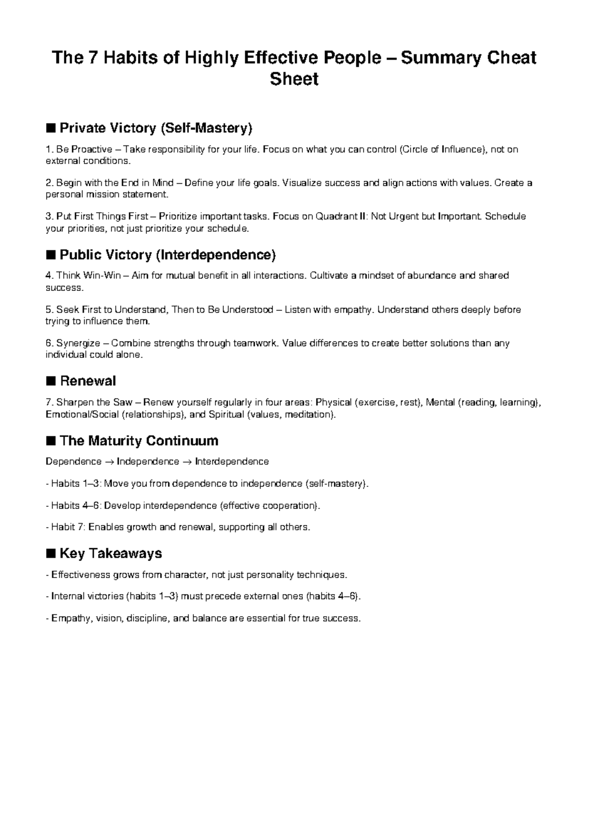7 Habits of Highly Effective People Cheat Sheet Summary - Studocu