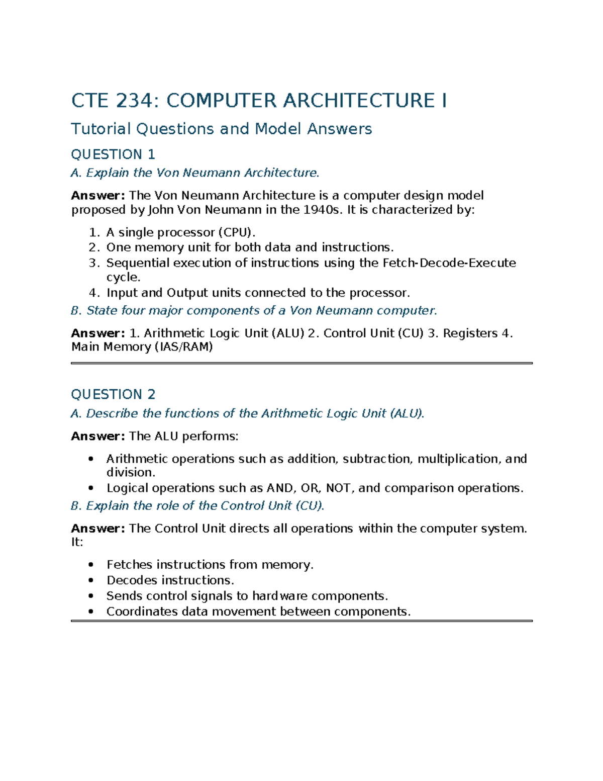 CTE 234: Computer Architecture I Tutorial Questions & Model Answers ...