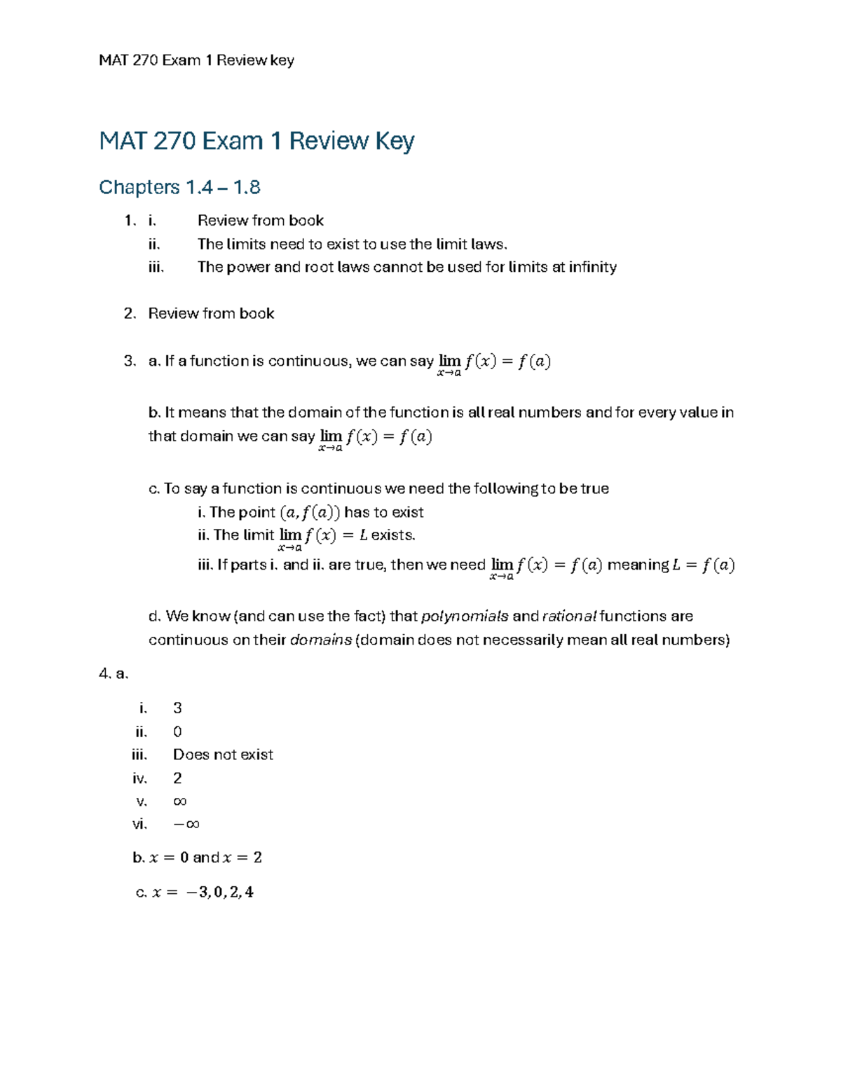 MAT 270 Exam 1 Review Key: Limits and Continuity Concepts - Studocu