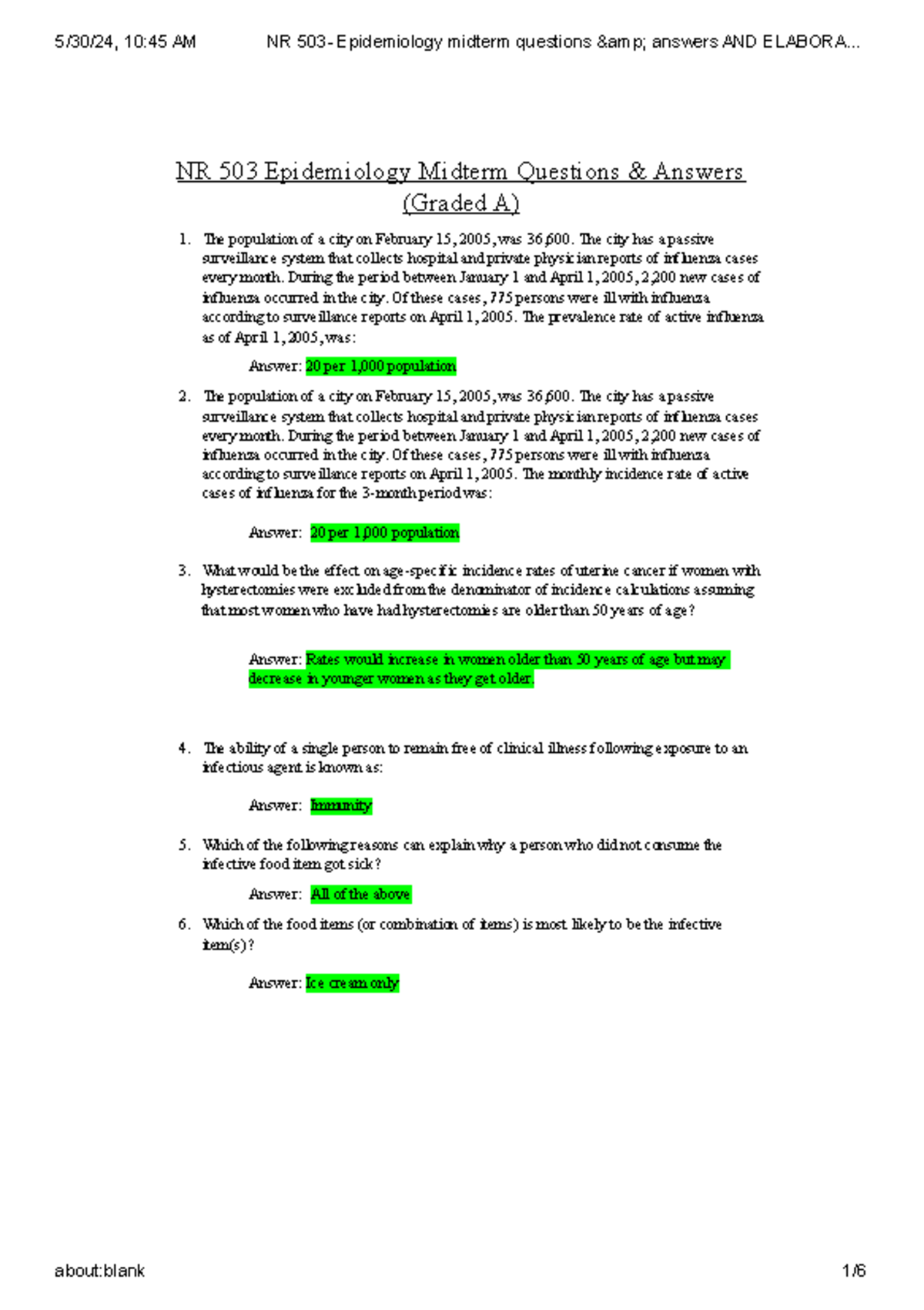 NR 503 Epidemiology Midterm Q&A Elaborations for Study Guide - Studocu