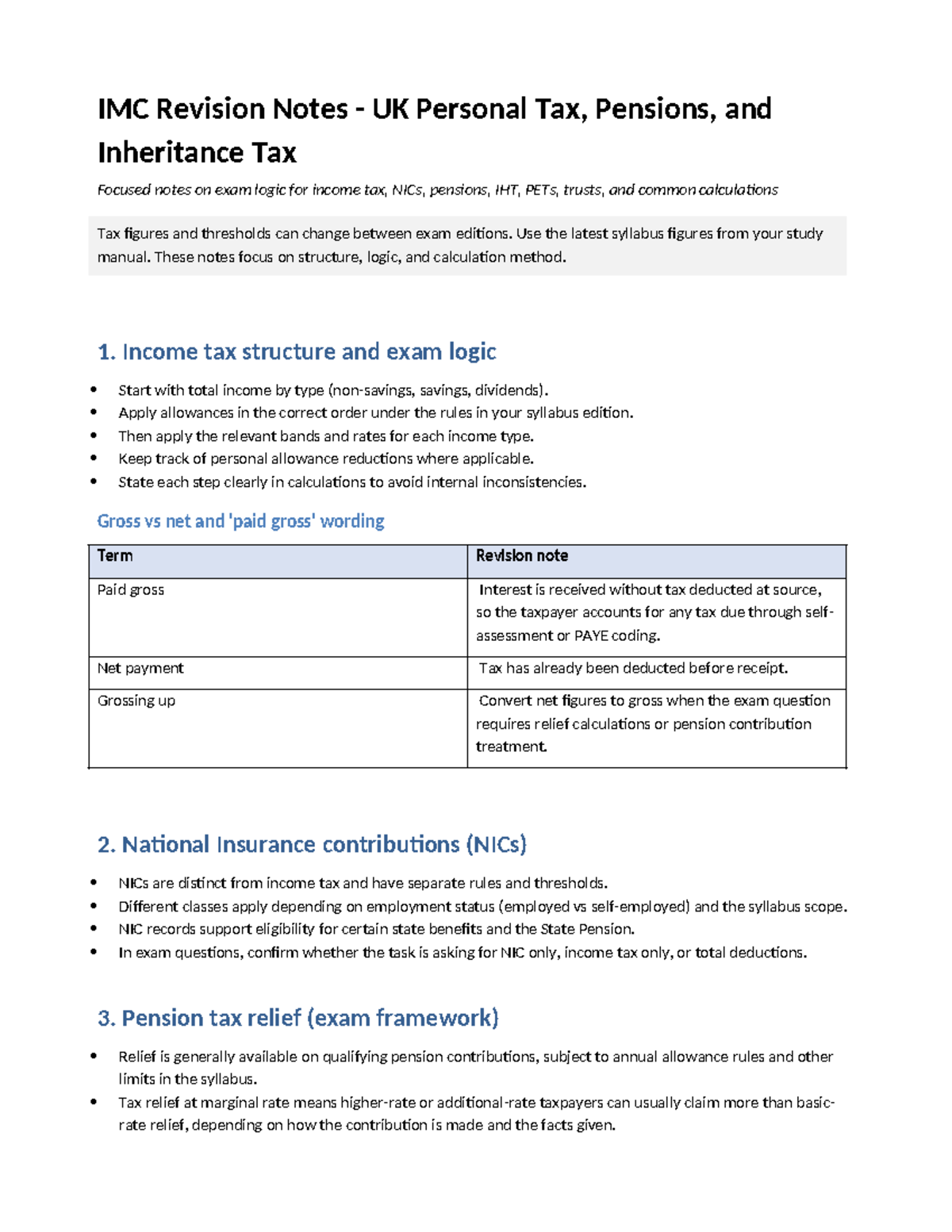 IMC Revision Notes: UK Tax, Pensions & IHT Exam Logic - Studocu