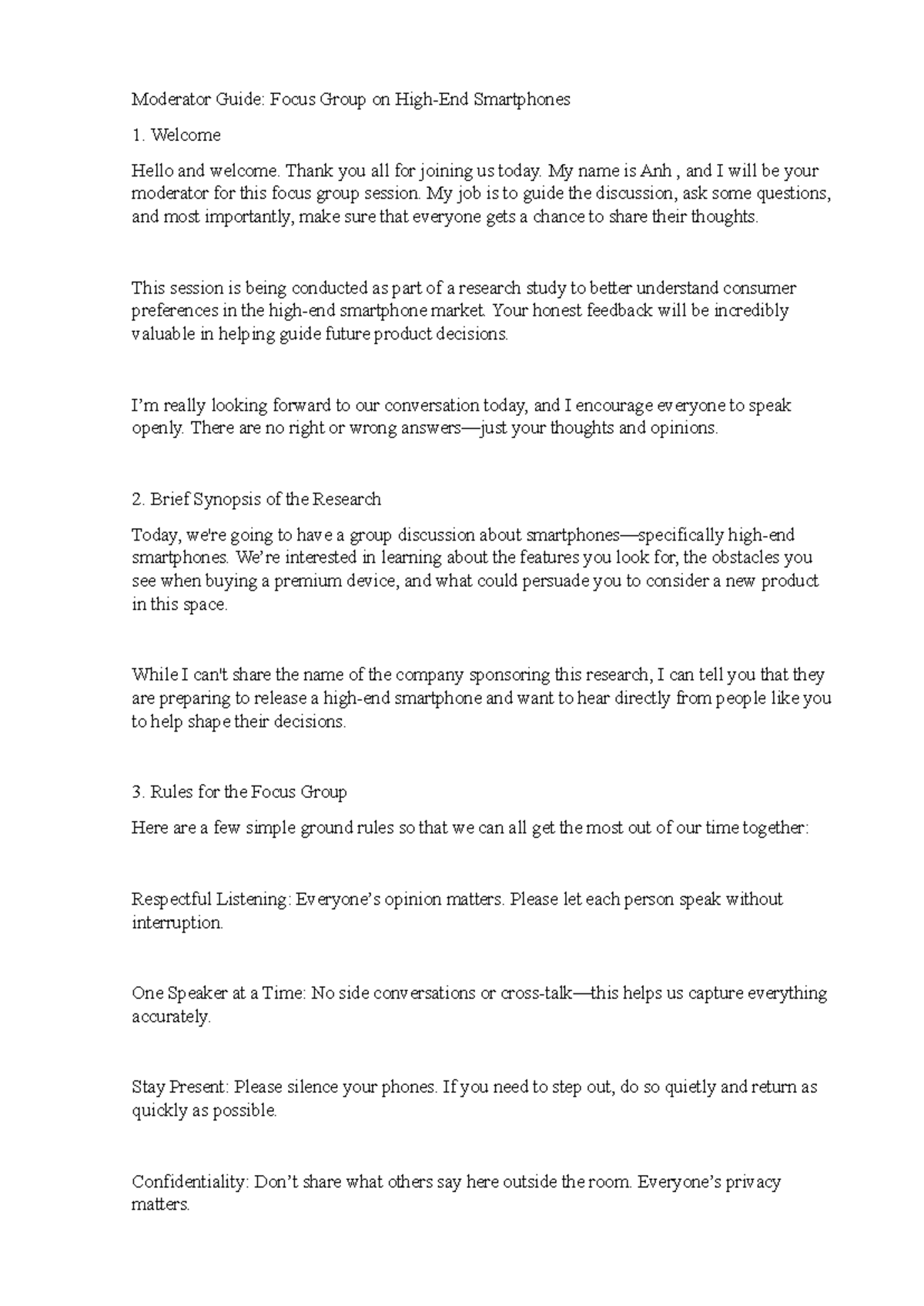 Moderator Guide: Focus Group on Smartphones - Research Study - Studocu