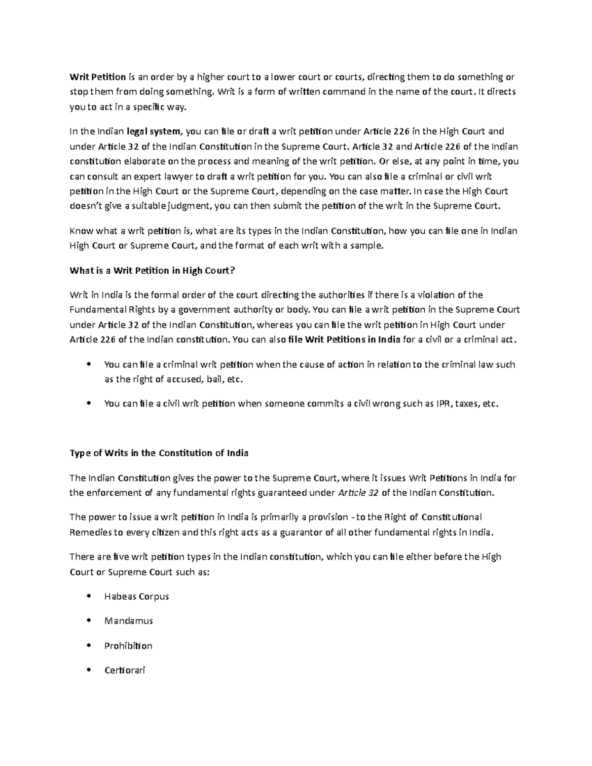 Writ Petition Overview: A Guide to Types and Filing in India - Studocu
