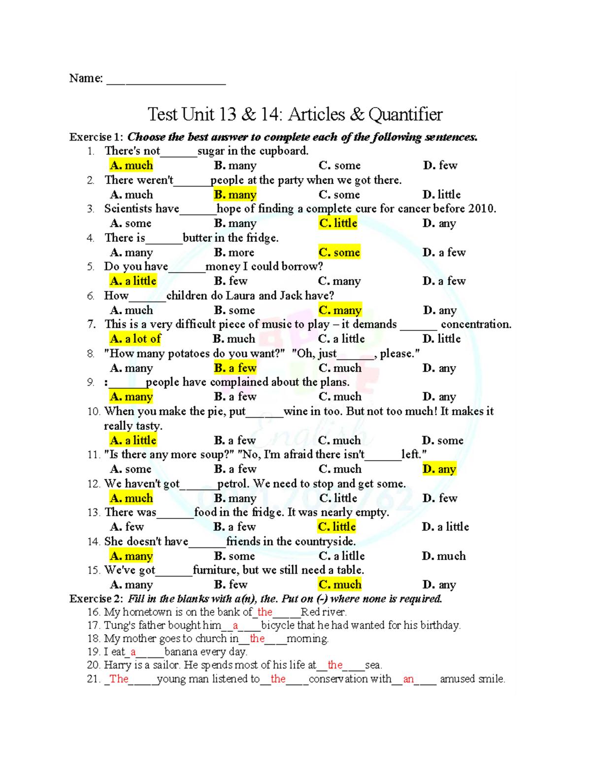 Test Unit 13 & 14: Articles & Quantifiers Exercise Guide - Studocu