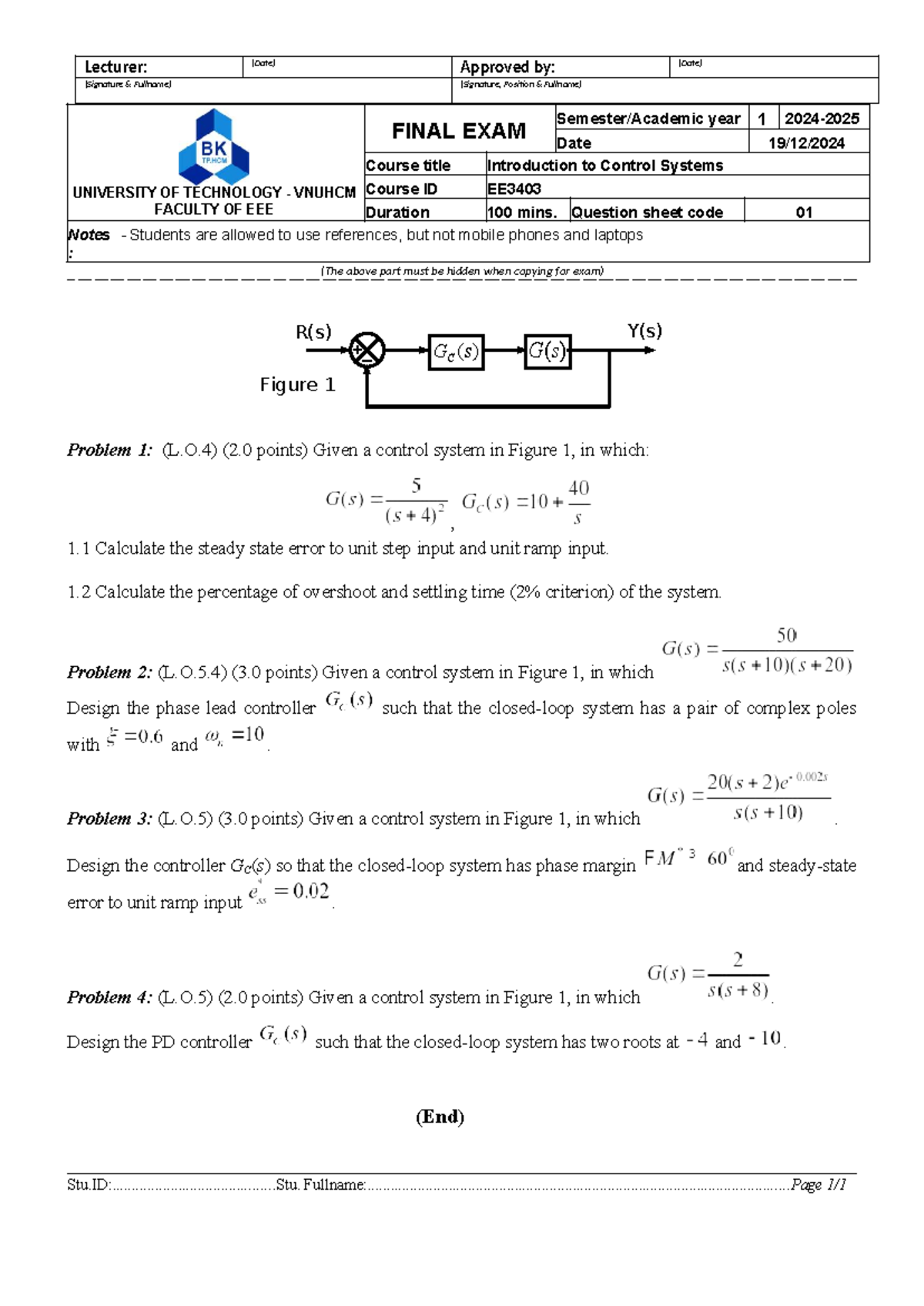 EE3403 Final Exam: Introduction to Control Systems - Semester 241 - Studocu