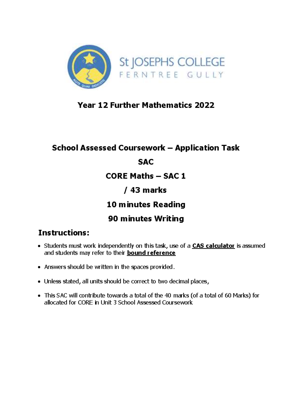 Year 12 Further Mathematics 2022 CORE SAC Application Task Analysis ...