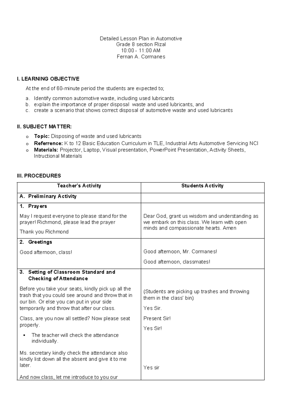 DLP Grade 8 TLE - Lesson Plan on Automotive Waste Disposal - Studocu