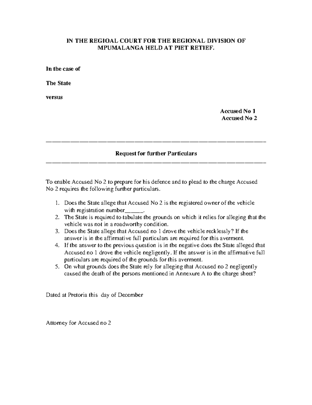 Further particulars example - IN THE REGIOAL COURT FOR THE REGIONAL ...