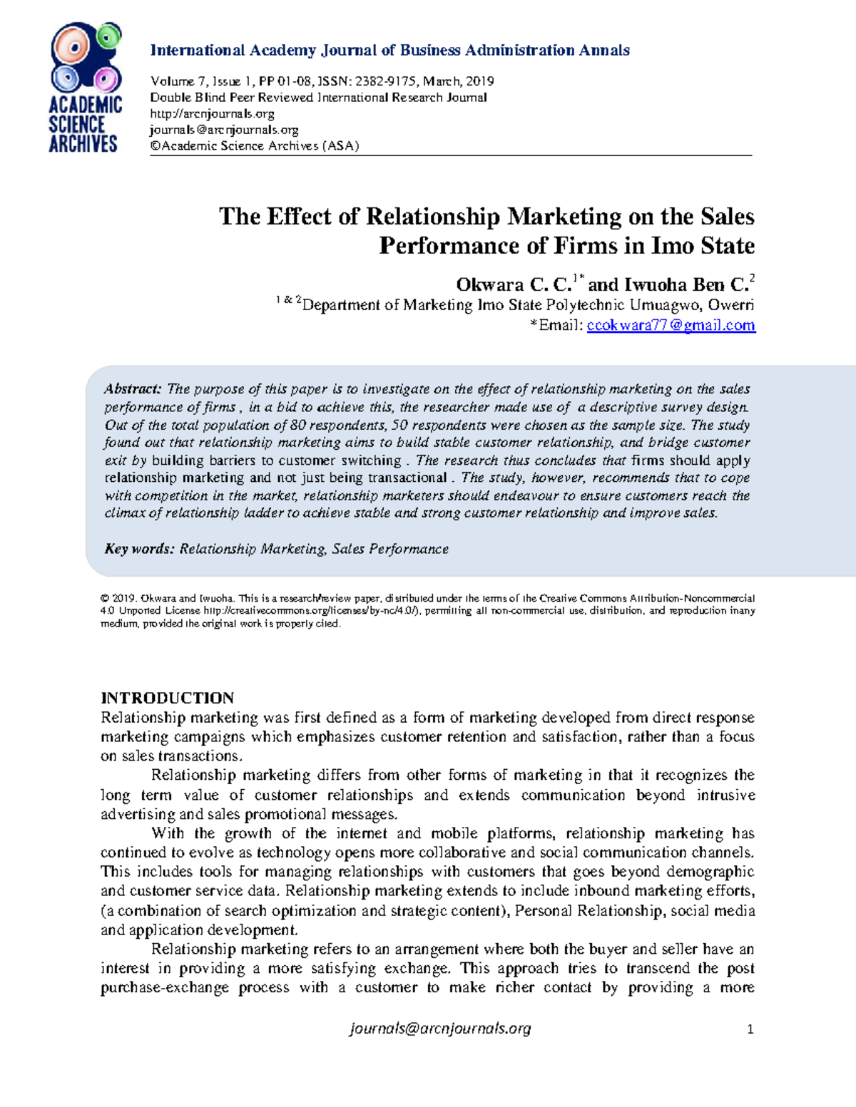 The Effect of Relationship Marketing on Sales Performance in Firms ...