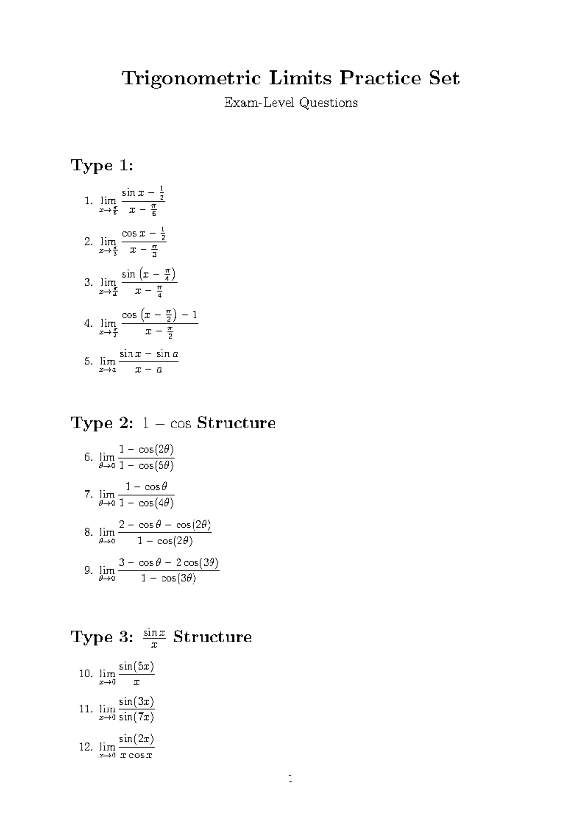 Trigonometric Limits Practice Set: Exam-Level Questions - Studocu