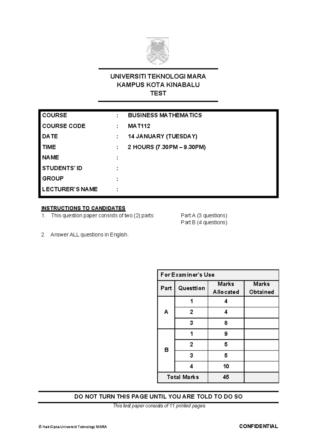 MAT112 Test Paper: Business Mathematics - January 2025 - Studocu
