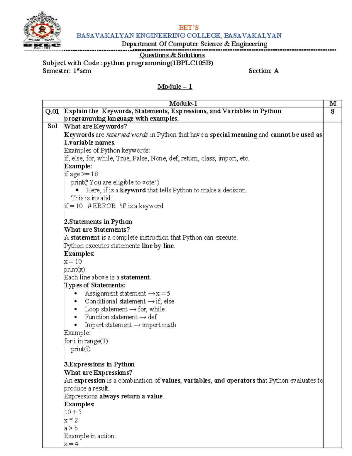 Python Programming (1BPLC105B) - Module 1 Notes and Solutions - Studocu