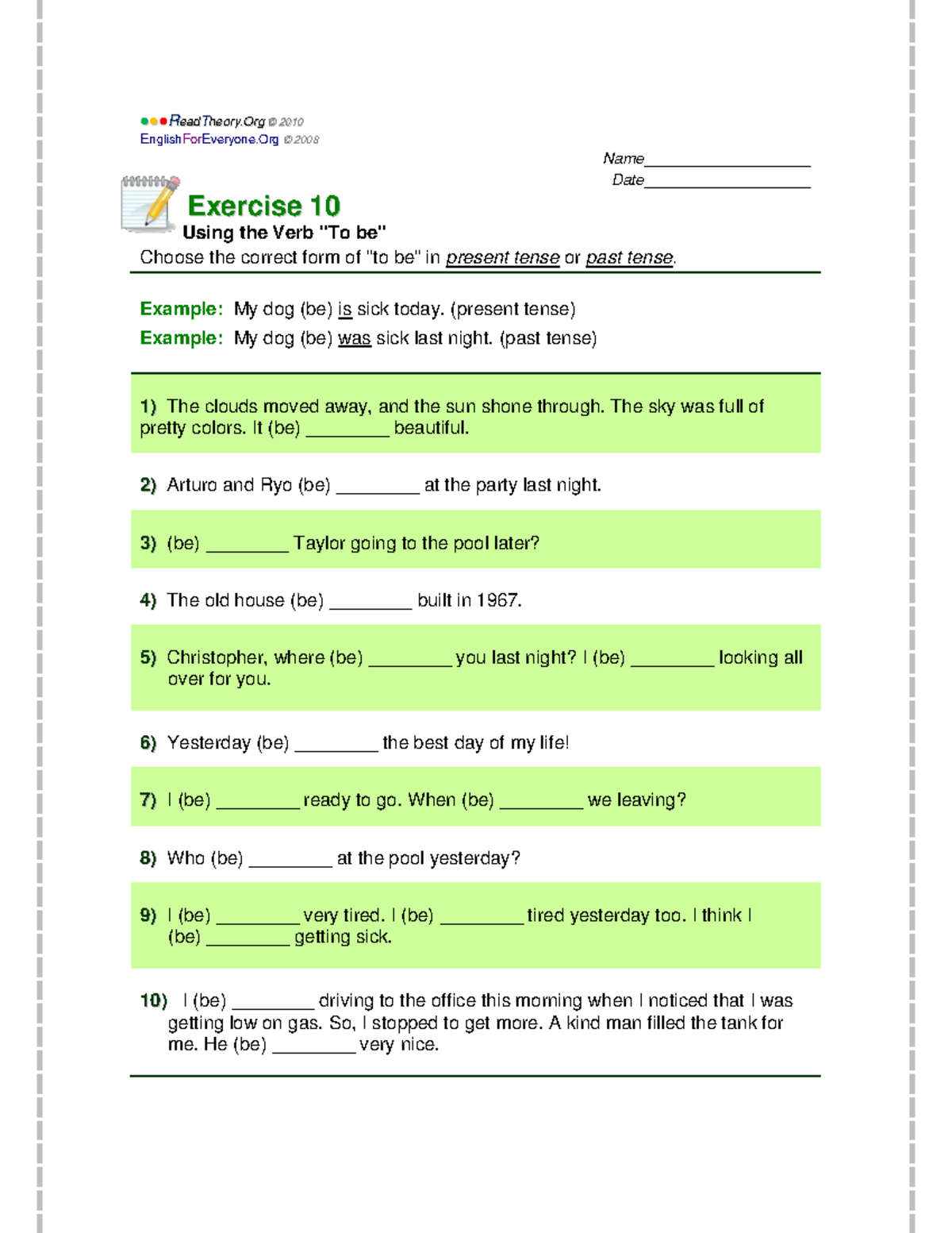 To Be Exercise 10 - Present & Past Tense Practice - Studocu