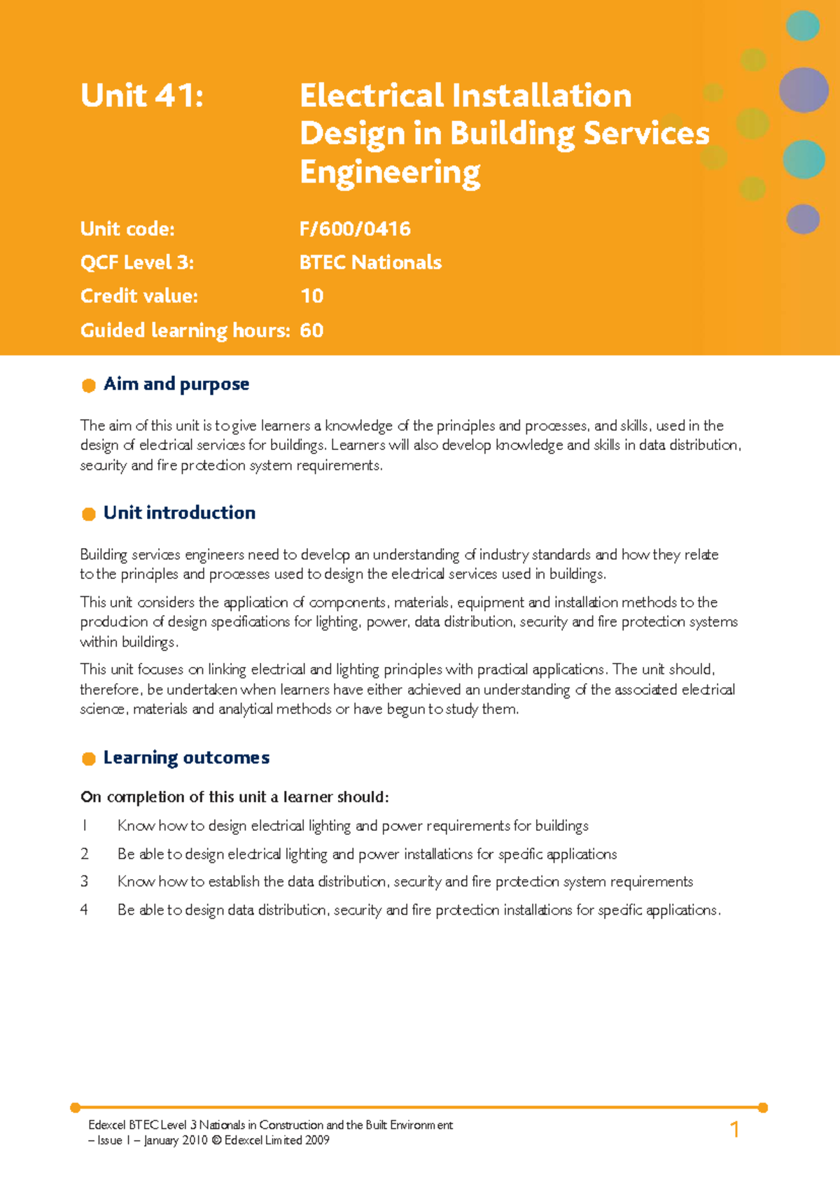 Unit 41: Electrical Installation Design for Building Services ...