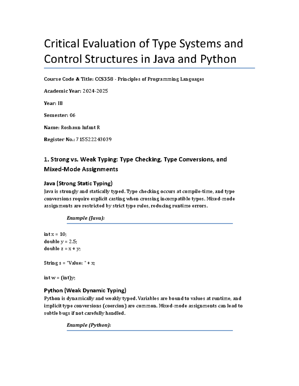 CCS358 Assignment 2: Type Systems & Control Structures in Java vs ...