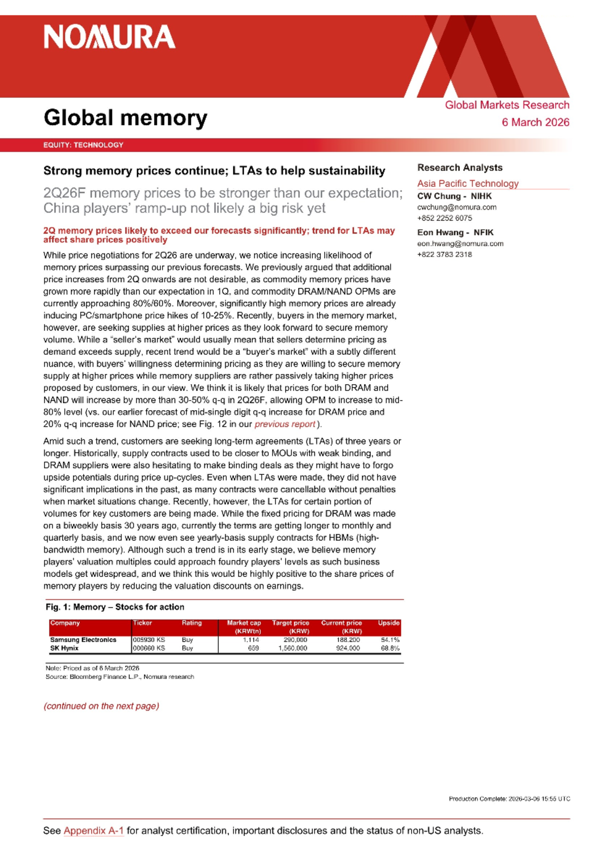 Nomura-Global memory：Strong memory prices continue； LTAs to help ...