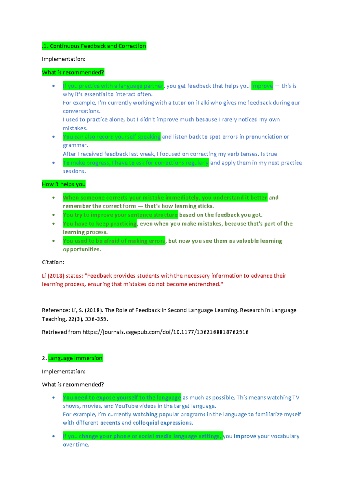 Intermedio 1 - Continuous Feedback & Language Immersion Strategies ...