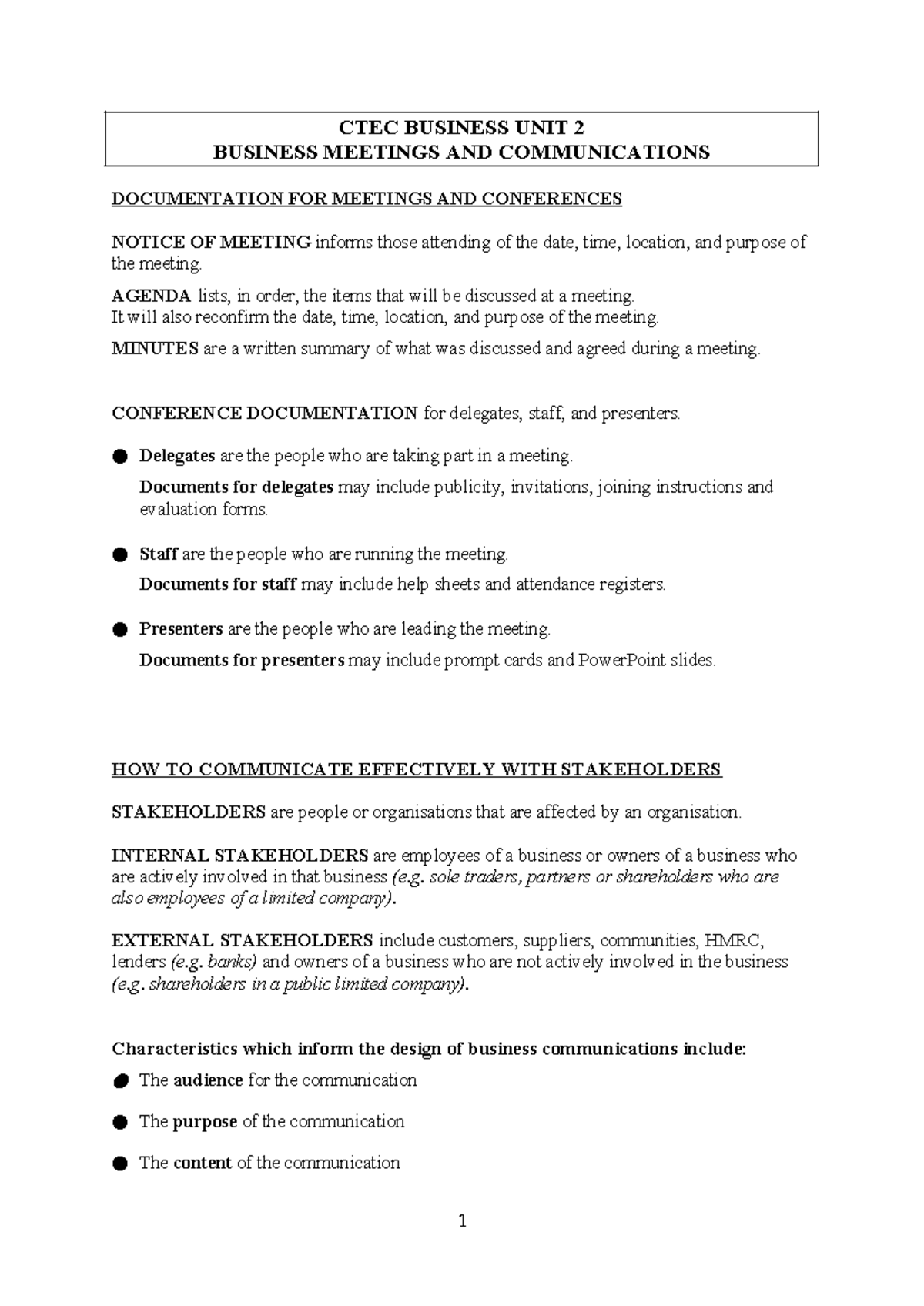 CTEC Business Unit 2: Effective Meetings & Communication Notes - Studocu