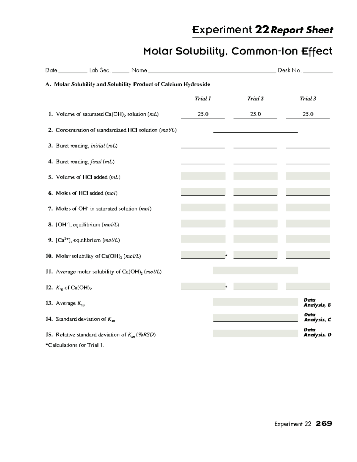 Experiment 22 Lab Report: Molar Solubility of Ca(OH)2 - Studocu
