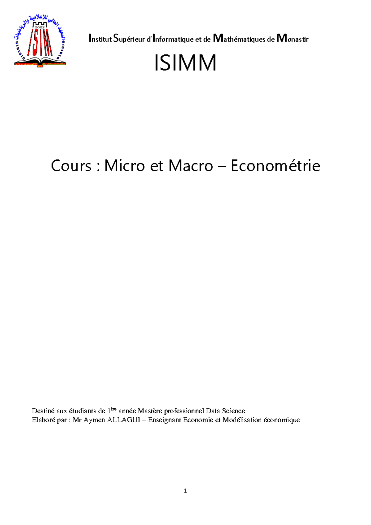 Cours Micro et Macro Économétrie - Notes de Cours ISIMM 080523 - Studocu