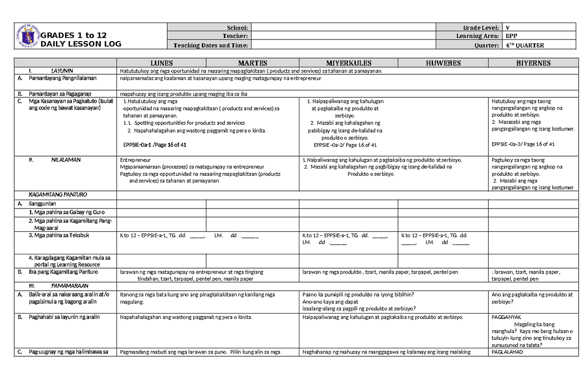 DLL EPP 5 Q4 W1 - Comprehensive Lesson Plan for EPP V - Studocu