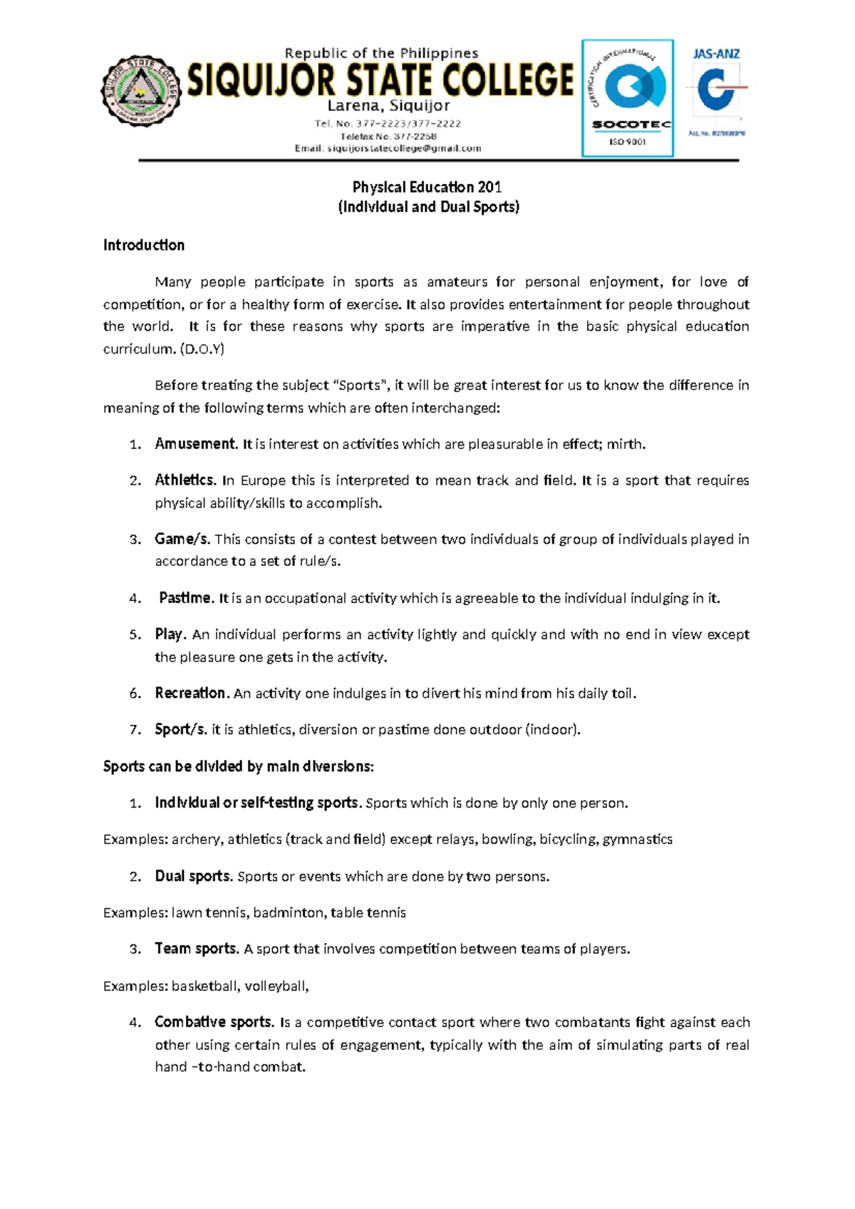 PE 201 - Fundamentals of Individual & Dual Sports in Physical Education ...