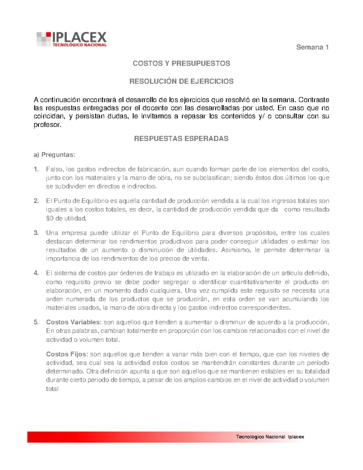 Respuestas de Ejercicios para Costos y Presupuestos - Semana 1 - Studocu