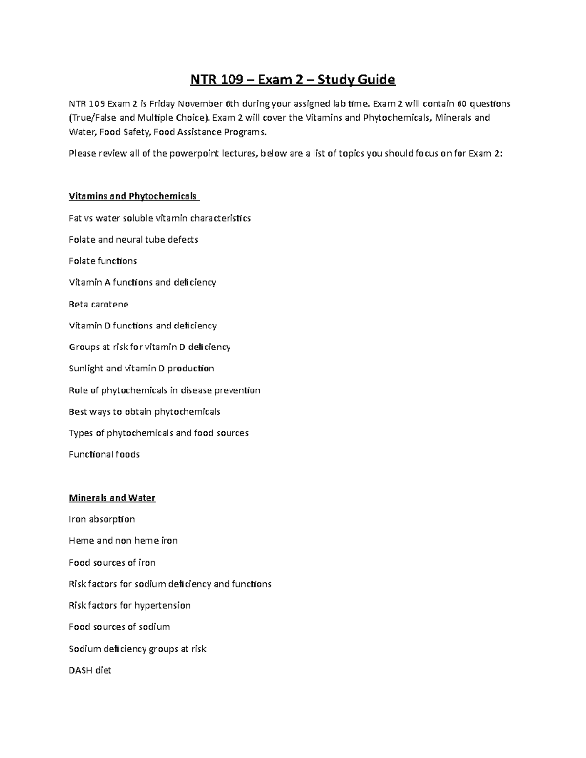 NTR 109 Exam 2 Study Guide: Vitamins, Minerals, Food Safety ...