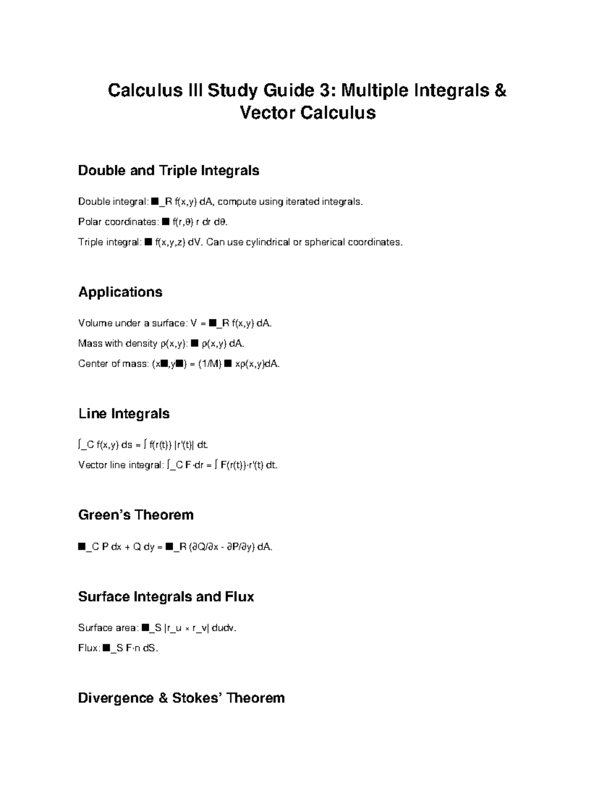 Calc3 Study Guide 3 - Calculus III Study Guide 3: Multiple Integrals ...