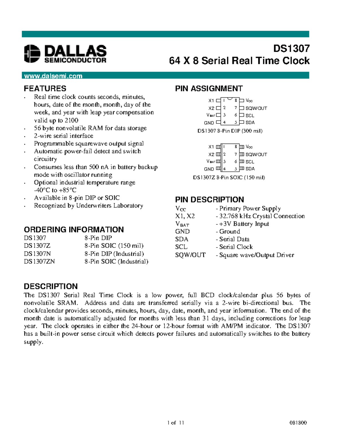 DS1307 64x8 Serial Real Time Clock Overview and Features - Studocu