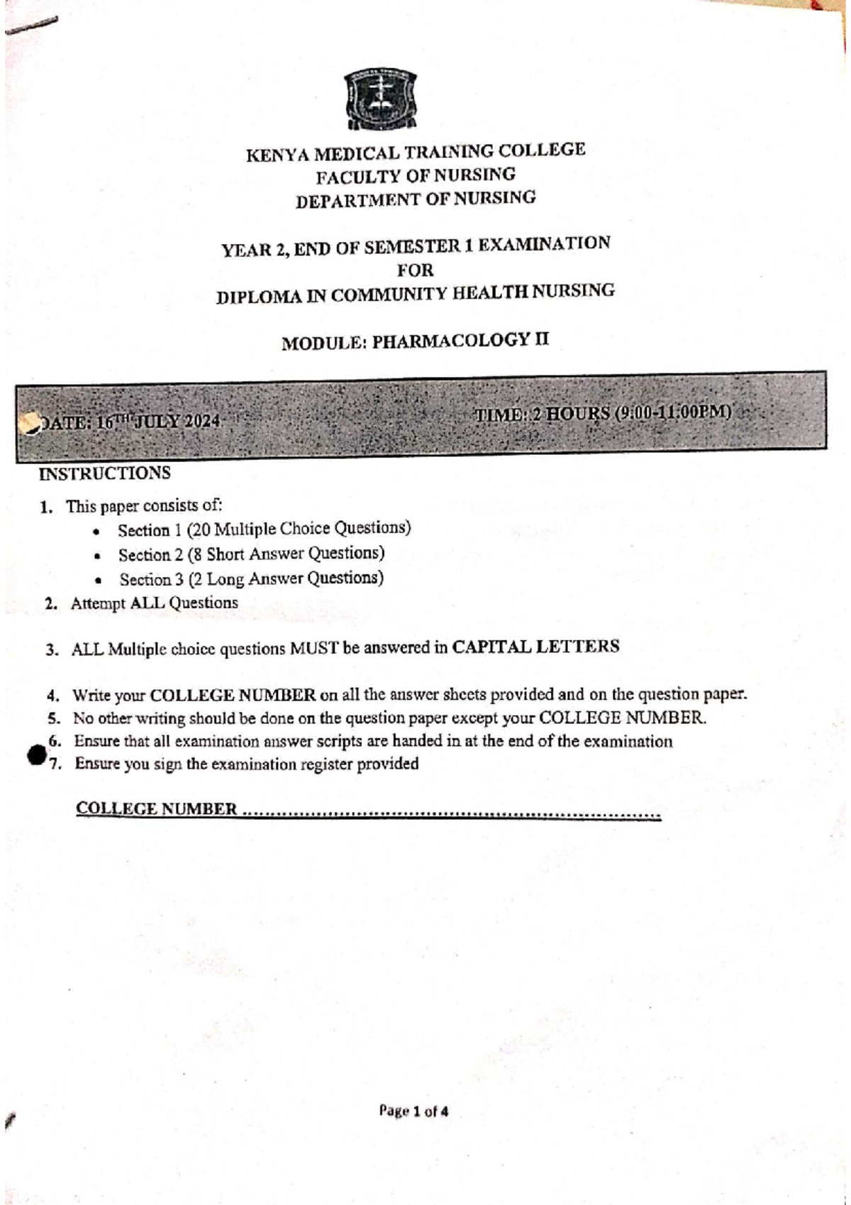 KENYA MEDICAL TRAINING COLLEGE YEAR 2 PHARMACOLOGY II FINAL EXAMINATION ...