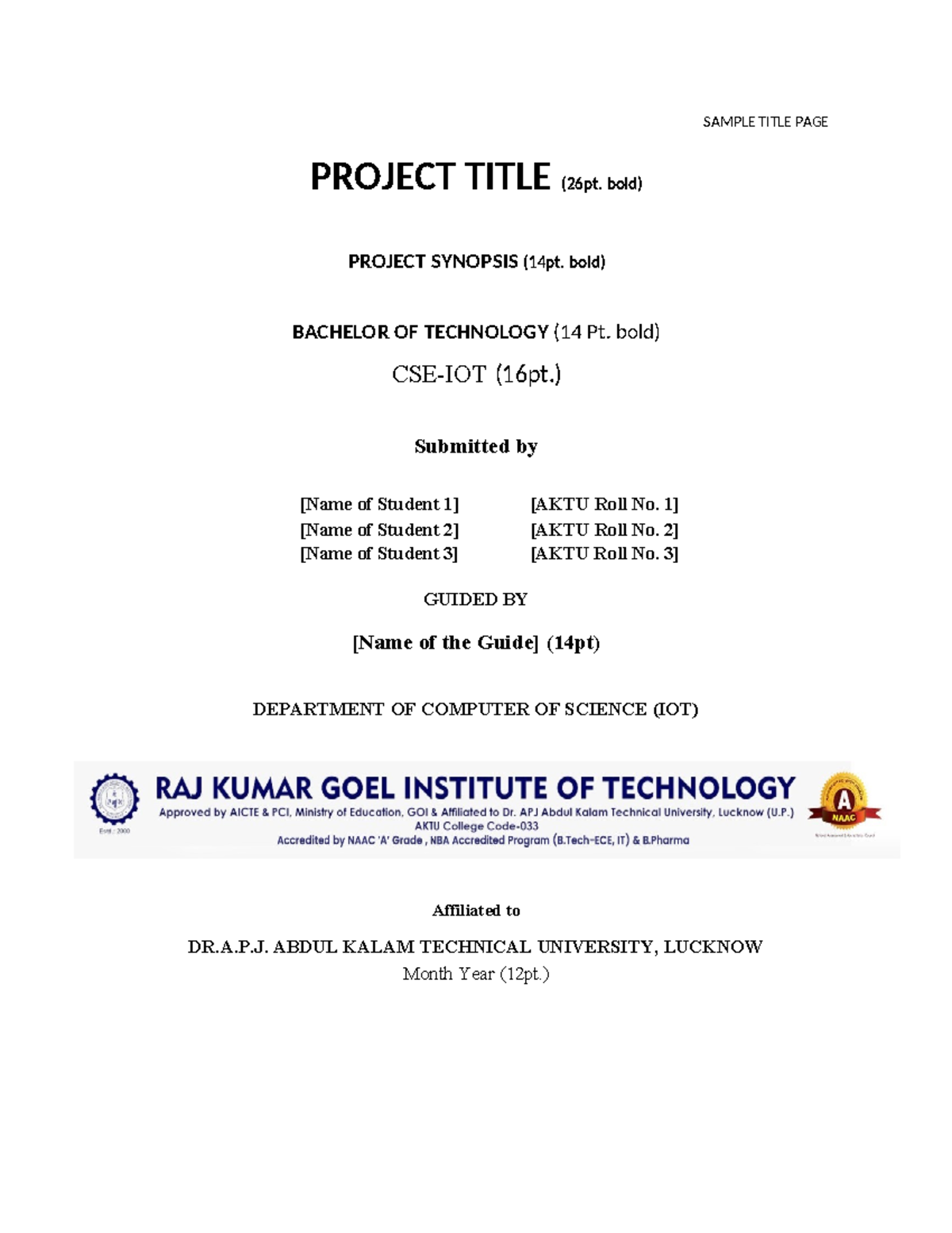 Synopsis Format for Project - 4th Year IOT - Studocu