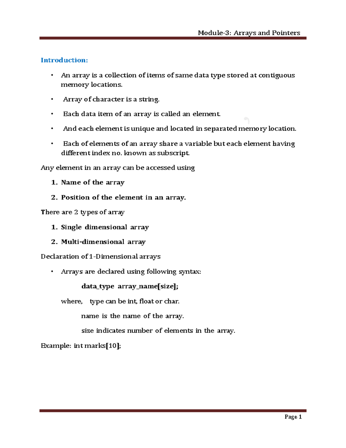 PIC Module 3: Arrays and Pointers - Comprehensive Notes - Studocu