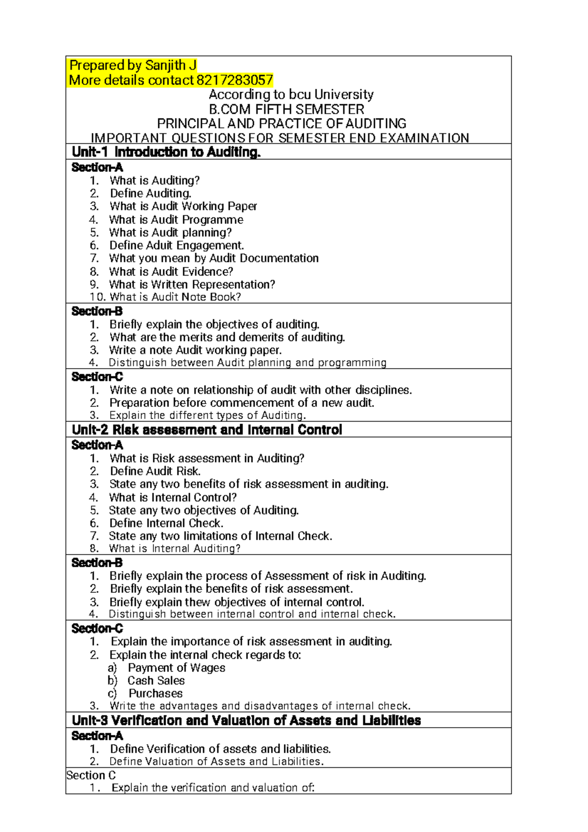 B.COM 5th Sem: Important Questions for Auditing Final Exam - Studocu